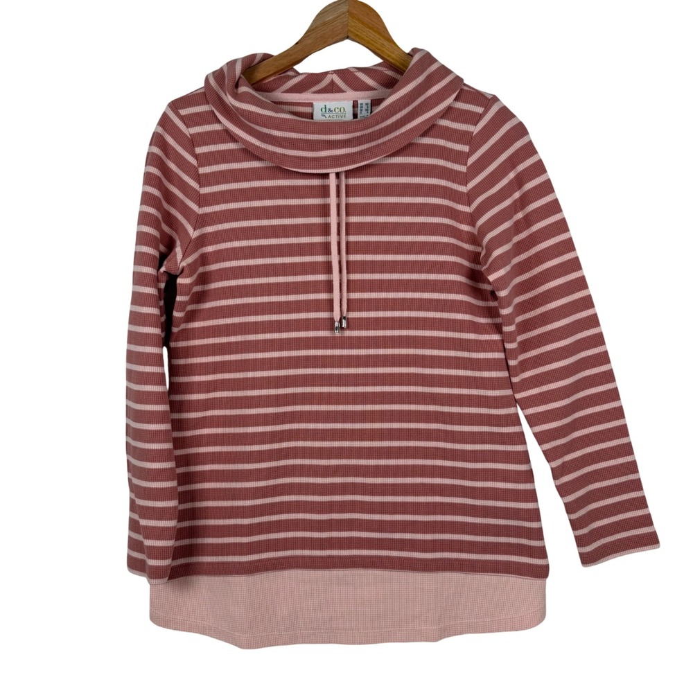 Denim & Co Active Pink Striped Waffle Knit Cowl Neck Top  Womens XS‎